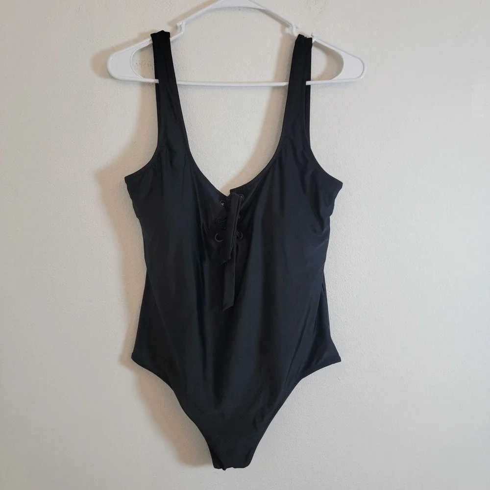 Aerie Womens XL Black Lace Up Front and Back One Piece Swimsuit Vacation Cruise